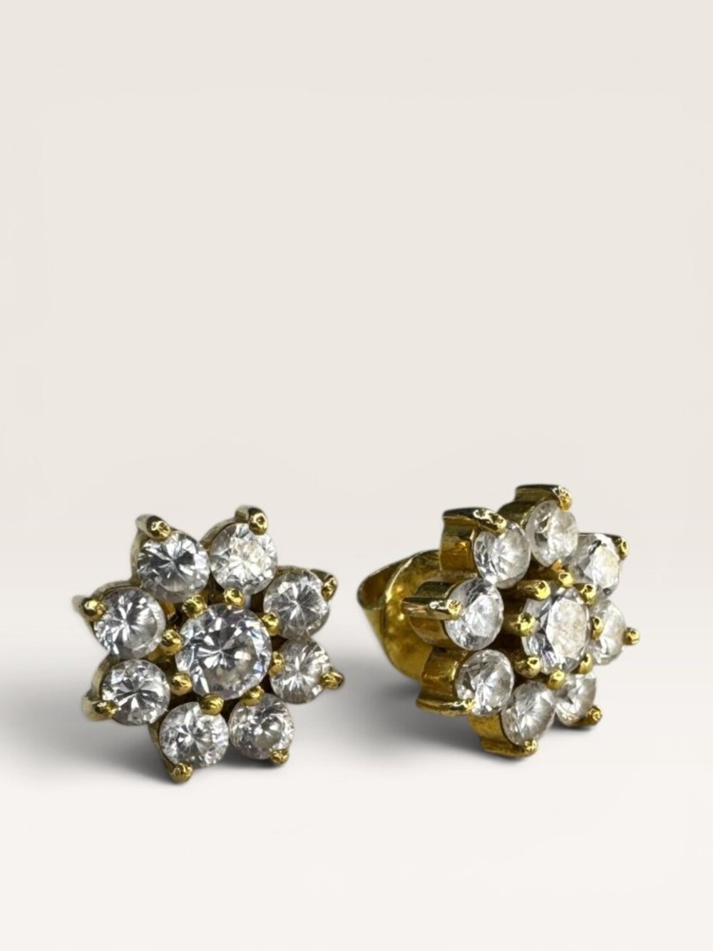 22K Gold CZ Flower Cluster Stud Earrings Threaded Screw Back Vintage